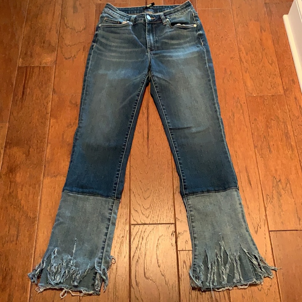 Y2K Straight Leg Jeans Raw Fringe Hem Two Tone Kick Flare Effect Size 6